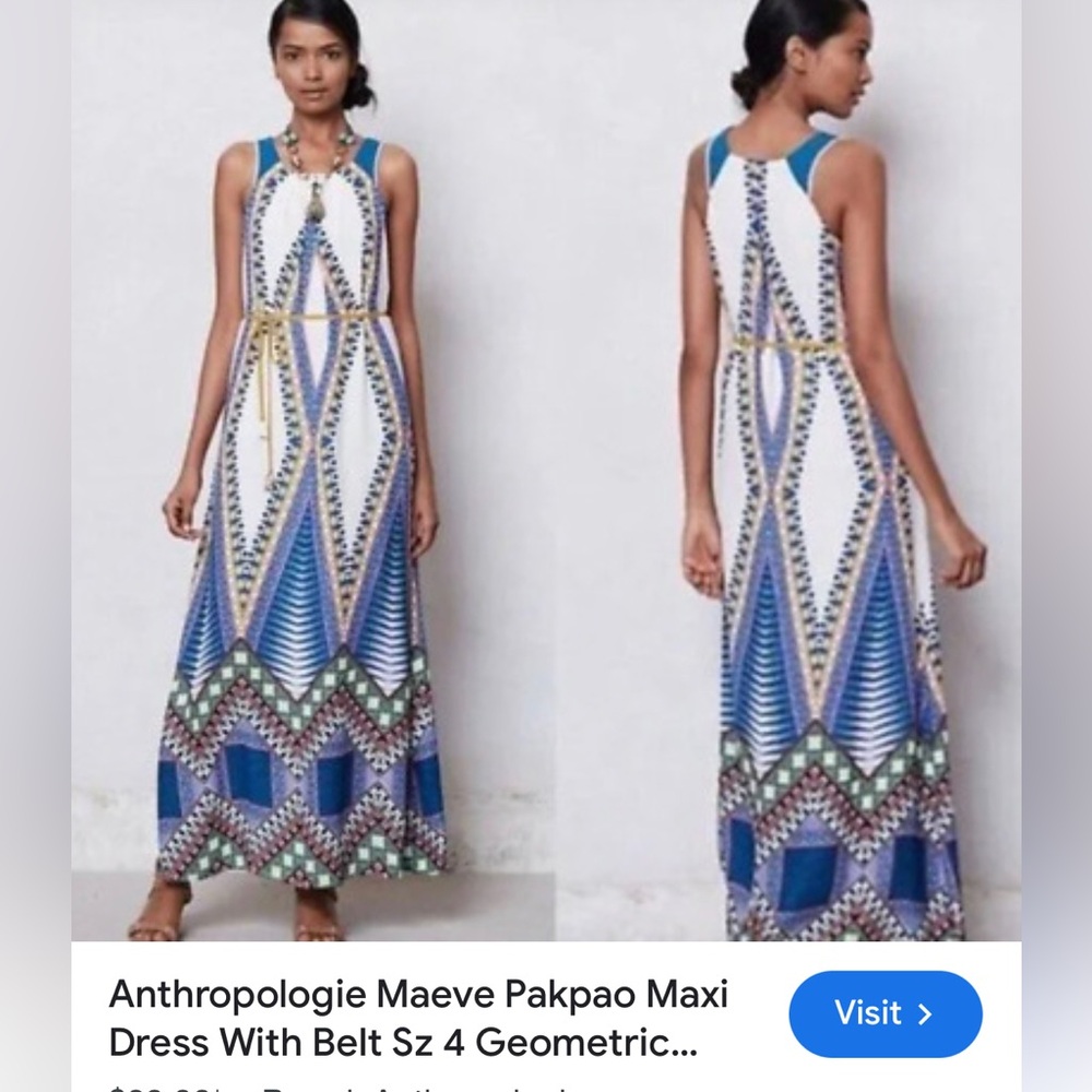Anthropologie Maxi Dress in White and Blue Geometric Print
